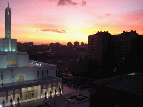 The Madrid Temple at sunset.