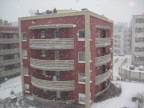 View of a snowy day from Tess's apartment in Poznan.