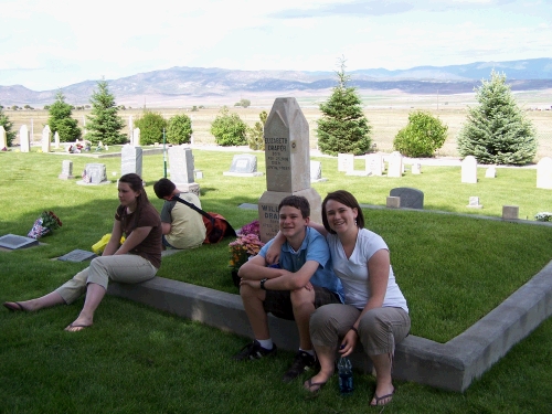 The kids are resting at our fourth and final cemetery of the day -- the Freedom Pioneer Cemetery.  The tall monument marks where my great-great-great-grandfather William Draper Jr. is buried. 