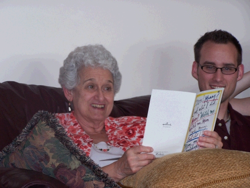 Grandma Pat enjoying her gift from Alan of several hours of future computer help.  He did give her flowers as well.  If you are not into storing things and enjoy acts of service, these are the best kind of gifts -- right?