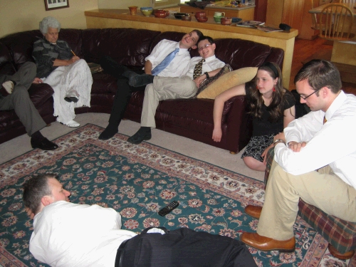 Here we are all sitting around talking to Phillip in Spain.  (see black cordless phone on the floor.)