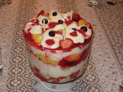 A fabulous trifle birthday dessert for Madeleine and Alan made by his mother, Pat.