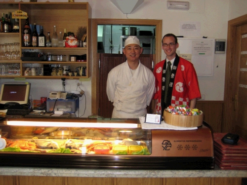 Victor, chef and owner of Tanuki San.  His wife, Eugenia, who also works there made me wear the Japanese shirt.