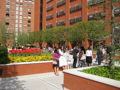 Members and missionaries milling around during a break between conference sessions.