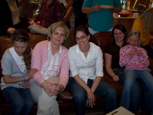 L to R - Josie Richards, Karlan Richards (a wonderful cousin who offered to give the big family shower at her home), Josie Esplin (another great cousin) and Tess with her cousin Miranda on her lap.