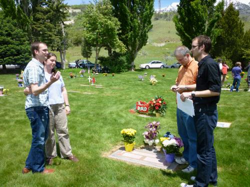 It was a beautiful day to go for a drive. Here we are at East Lawn Memorial Hills in Provo, at the grave of Grandpa Floyd E Breinholt and Grandma Tess E Tidwell Breinholt.