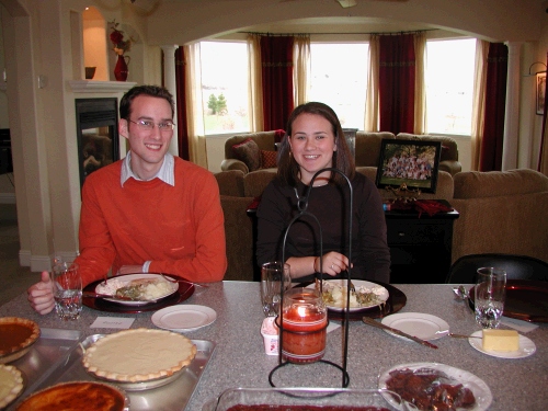 The moment finally arrived...Dinner was on. 
Next time I think we should start with pie while we are waiting for dinner to be ready - what do you think?

So here we all are...Phillip, Tess....