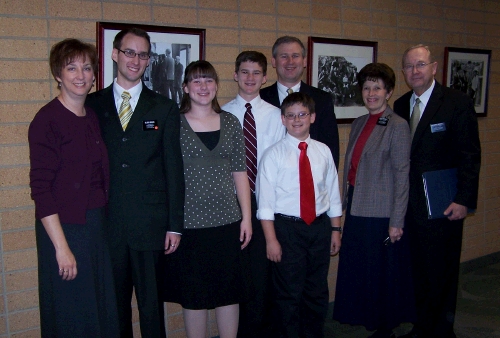 All of us with my uncle and aunt, Mark and Susan Breinholt.  My Uncle Mark is the second counselor in the MTC Mission Presidency.  He conducted the orientation session we attended -- it was extra special for us to have them there promising to "keep" an eye on him during his stay in the MTC.