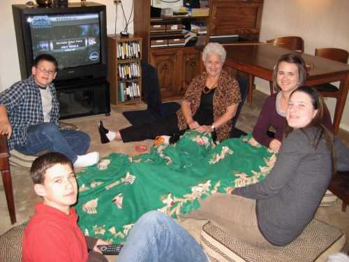 Tying a fleece blanket for Shirley.