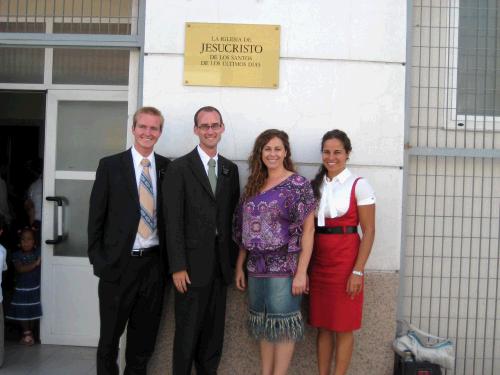 Elder Karren and I with Esther and her sister, Christina. We're standing in front of the chapel in Parla. Esther teaches our Gospel Principles class and has such an animated personality. We never know exactly what she's going to say, but I'm often laughing in her class. Elder Karren and I are her "favorites" because we participate.  