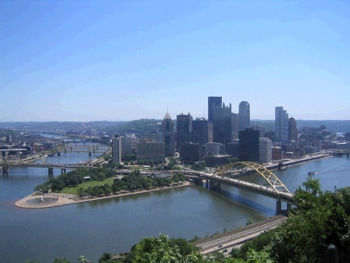 Pittsburgh Skyline -- the Allegheny River meets up with the Monongahela River to form the Ohio River that empties into the Mississippi River.