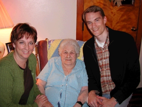 Here we are with Aunt Erva Meyer.  She is our Grandma Morgan's sister.  She is 85 years old.