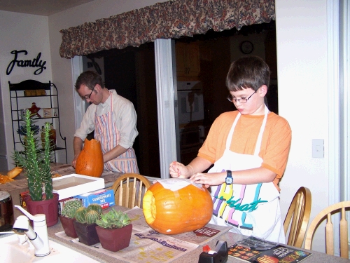 Carving pumpkins for Family Home Evening -- Phillip and Clark