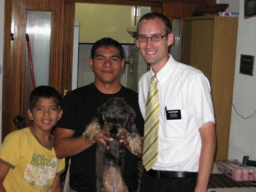 The gang in Villalba: Lissy the dog, Jordy, Pablo, and me. This was taken the morning right before I left. The little mark on my forehead is from running into a pedestrian stoplight. Elder Pickup wanted to call me Harry Potter.