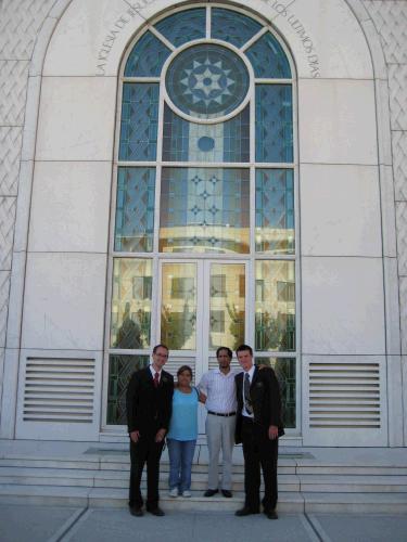 At the temple grounds to see the Joseph Smith movie with Elizabeth, Walter, and Hermano Angel Gomez, their home teacher.