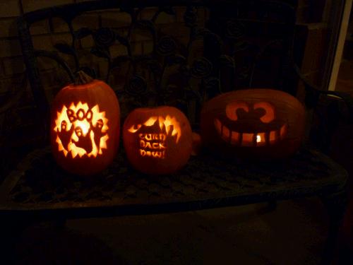 Some of the jack-o-lanterns -- the one on the right is Madeleine's Cheshire Cat.