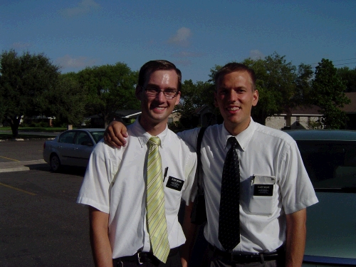 Elder Brown and Elder Moore saying goodbye in Edinburg.