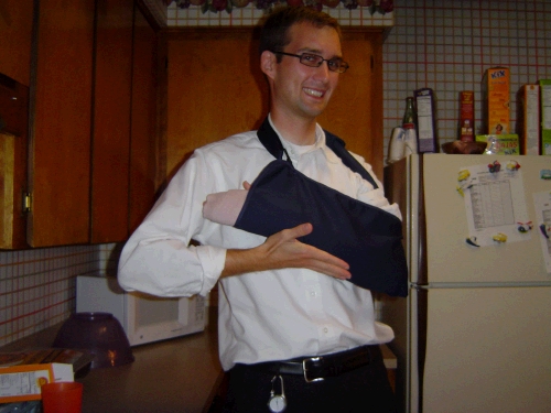 Loren modeling the first splint and sling after sustaining a small wrist fracture following a small biking accident resulting in being awarded the use of the car.  Gee, some people will do anything to get out of riding a bike!