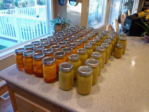 I'm feeling very "Autumnal" and had to satisfy a sudden urge to bottle peaches!  A friend had access to free apples and offered to teach me how to make and can applesauce -- why not?!  It  turned out yummy.